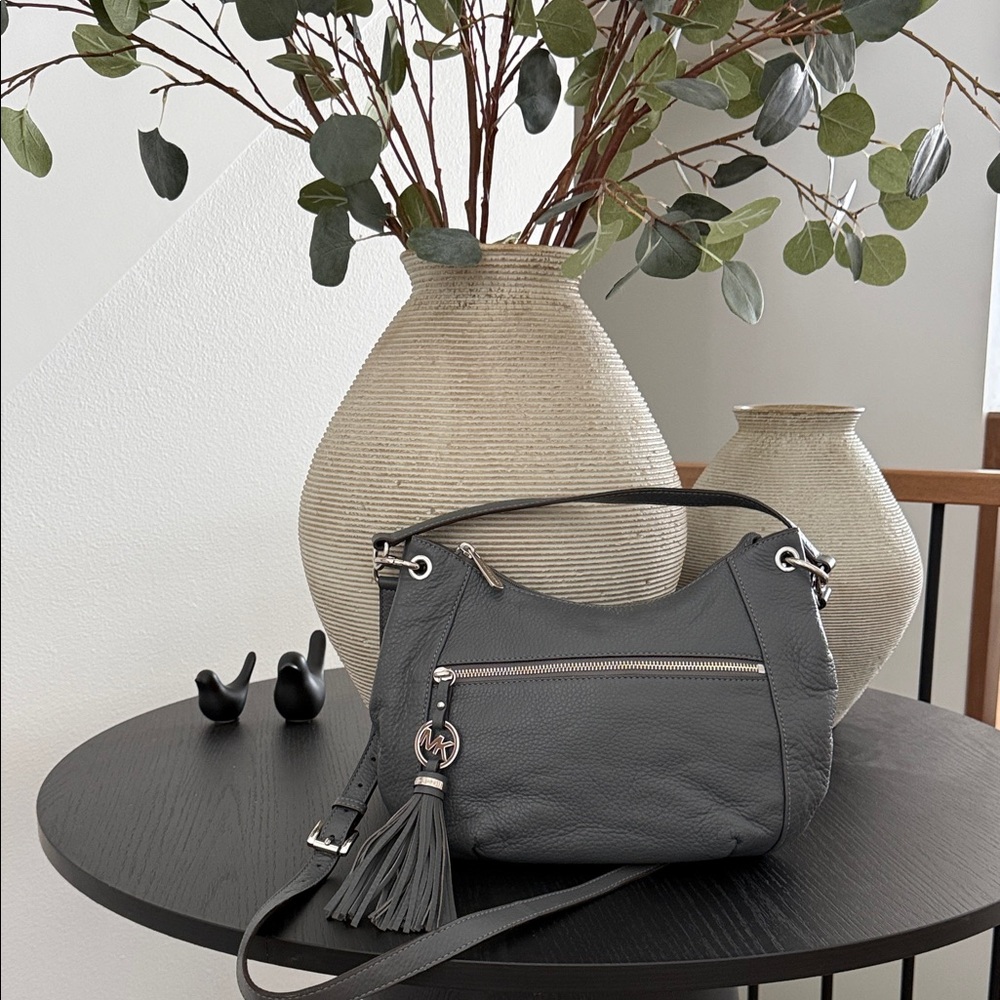 Michael Kors Pebbled Leather Crossbody Shoulder Bag Gray Silver Hardware